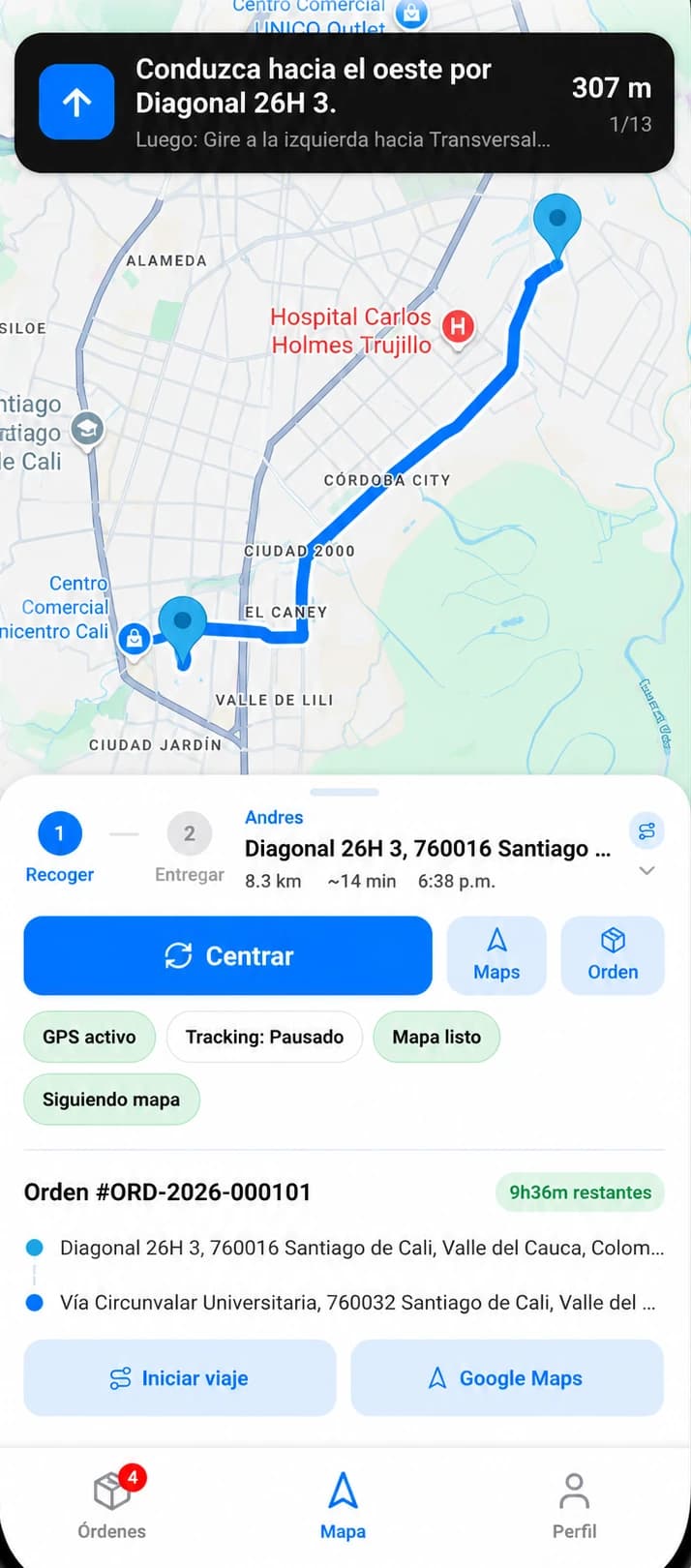 App Android de Globia para mensajeros con navegación paso a paso y la orden en curso